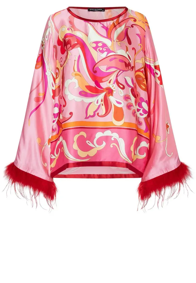 Ana Alcazar Zemmy top in raso rosa con piume