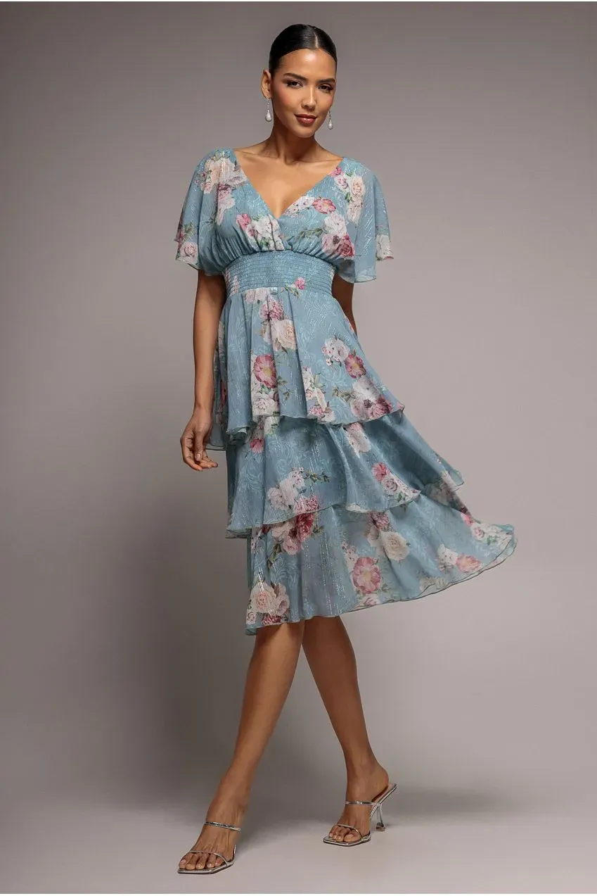 Goddiva Layered Floral Midi Abito Chiffon Blu Aviazione