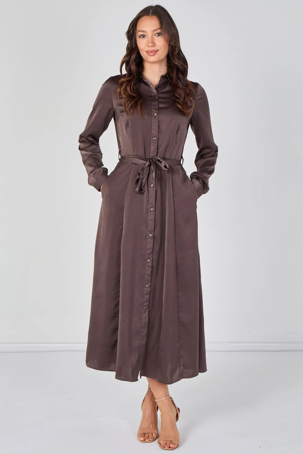 Love Sunshine abito camicia maxi mocha satin cintura