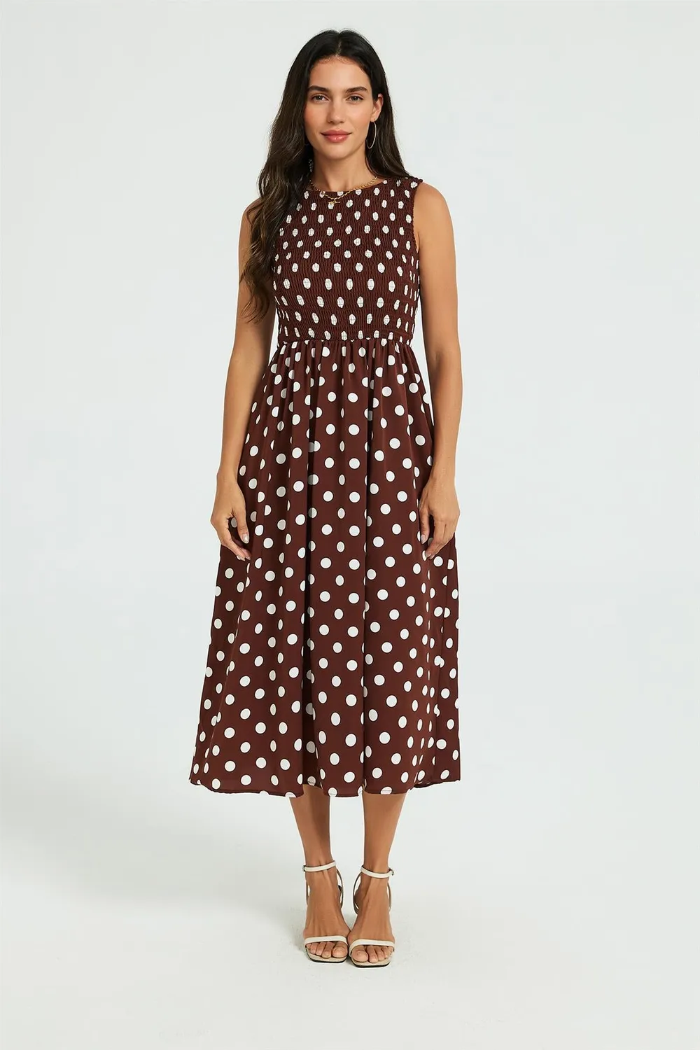 FS Collection Abito Midi Marrone Pois Senza Maniche