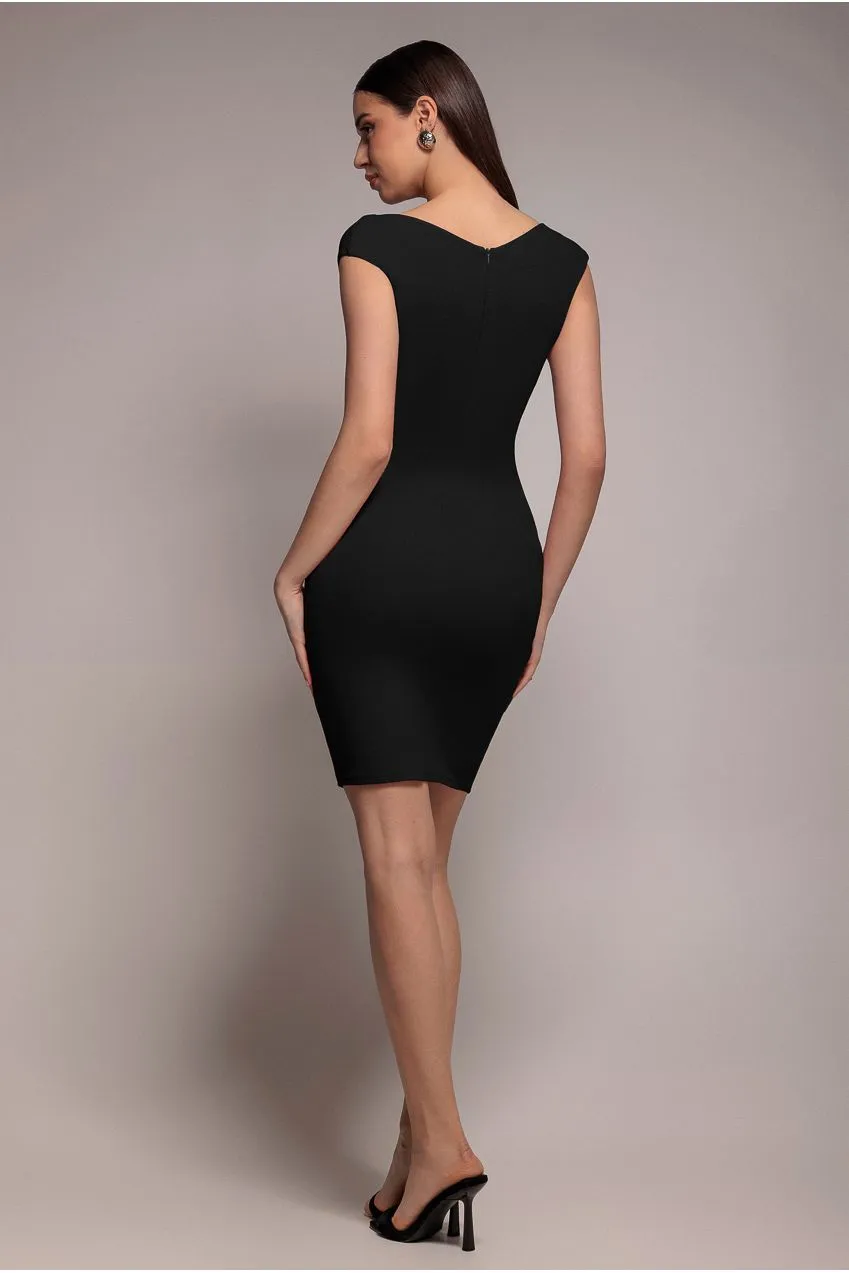 Goddiva Bardot abito midi nero spalle scoperte plisse