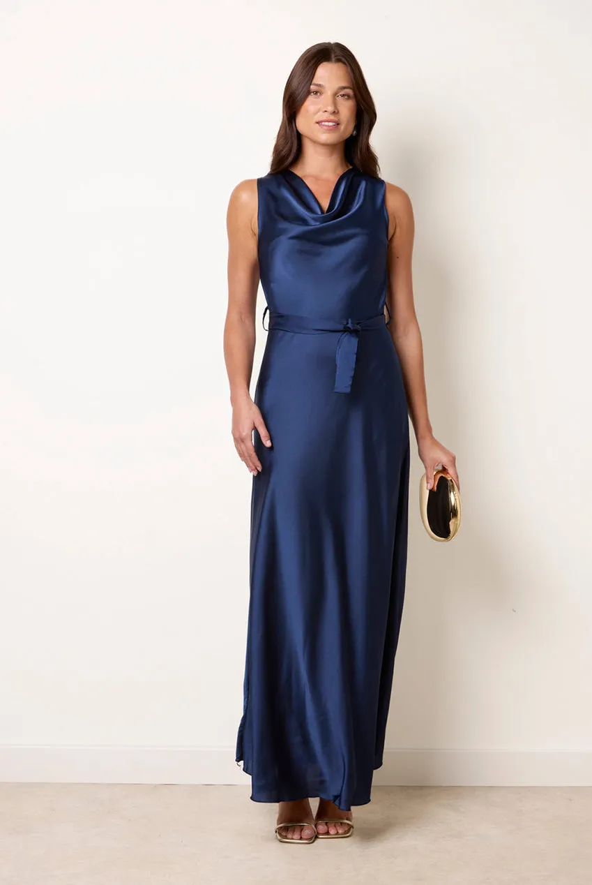 Blue Vanilla abito raso blu navy scollo cowl con cintura