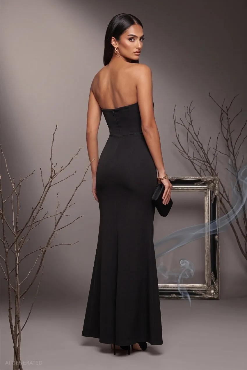 Goddiva Bow abito sirena nero strass spacco lungo