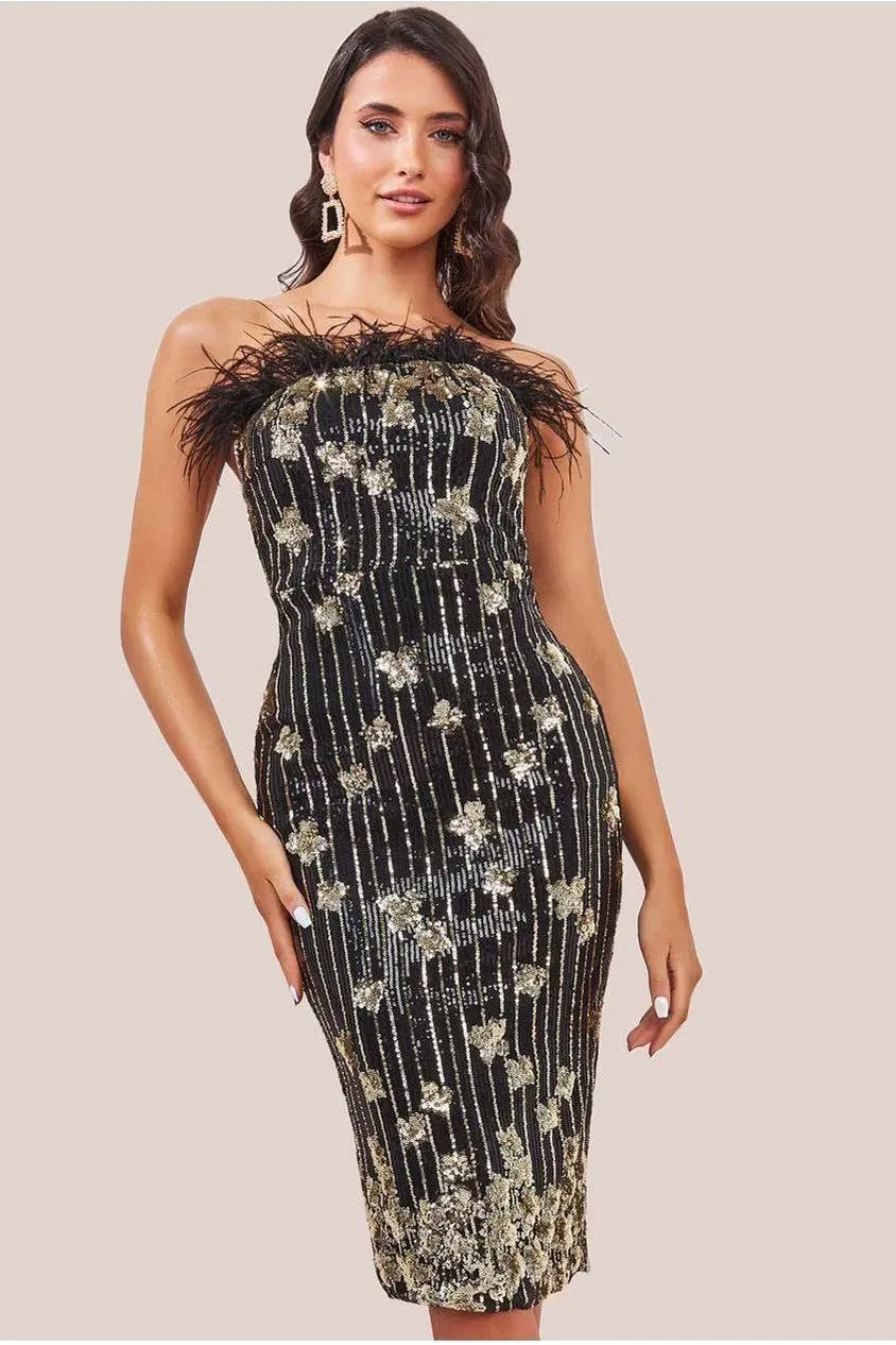 Goddiva Sequin Feather abito midi nero DR3783 piume