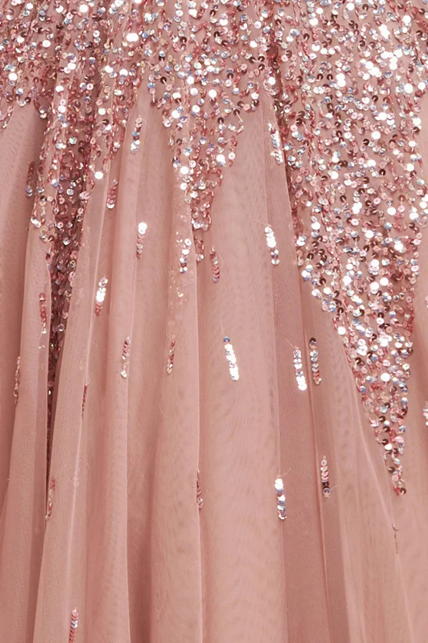 Goddiva Glinda abito maxi paillettes rosa blush