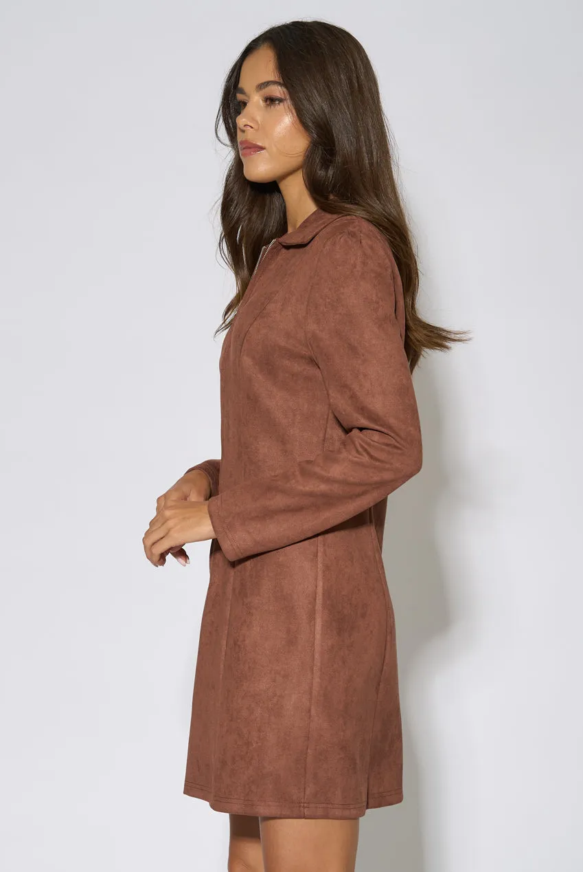 Gini London Zip abito mini marrone scamosciato