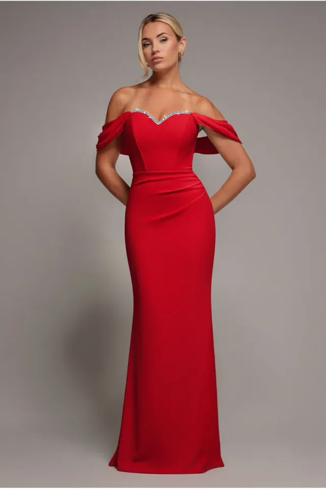 Goddiva Draped Sleeve abito lungo rosso strass scollo V
