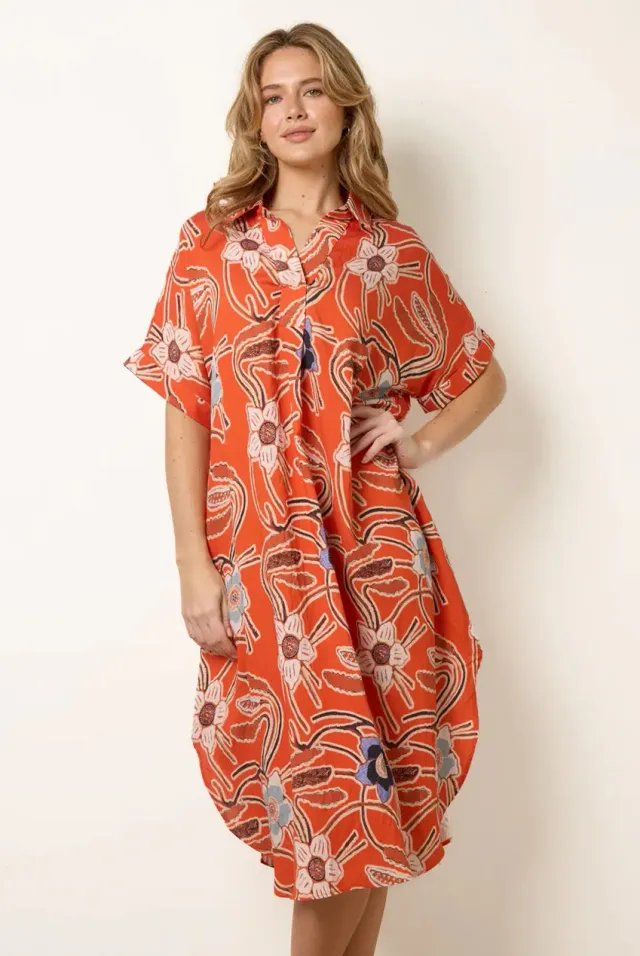 Blue Vanilla Shirt abito camicia midi arancio floreale