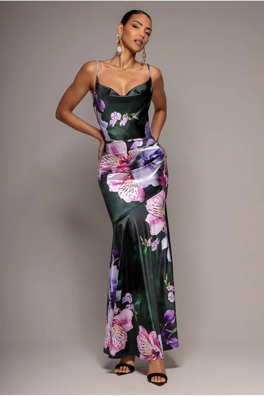 Goddiva abito maxi satin verde smeraldo floreale scollo
