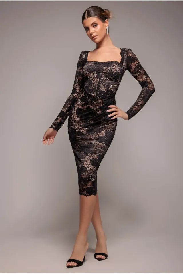 Goddiva DR4519 vestito midi pizzo nero corsetto taglia 12