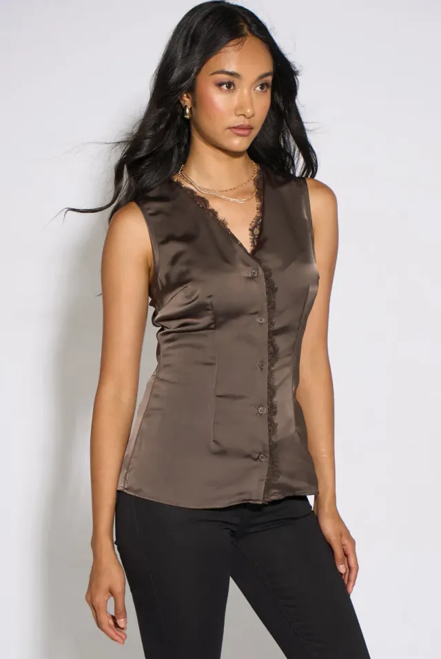Gini London Brown Satin top gilet smanicato marrone