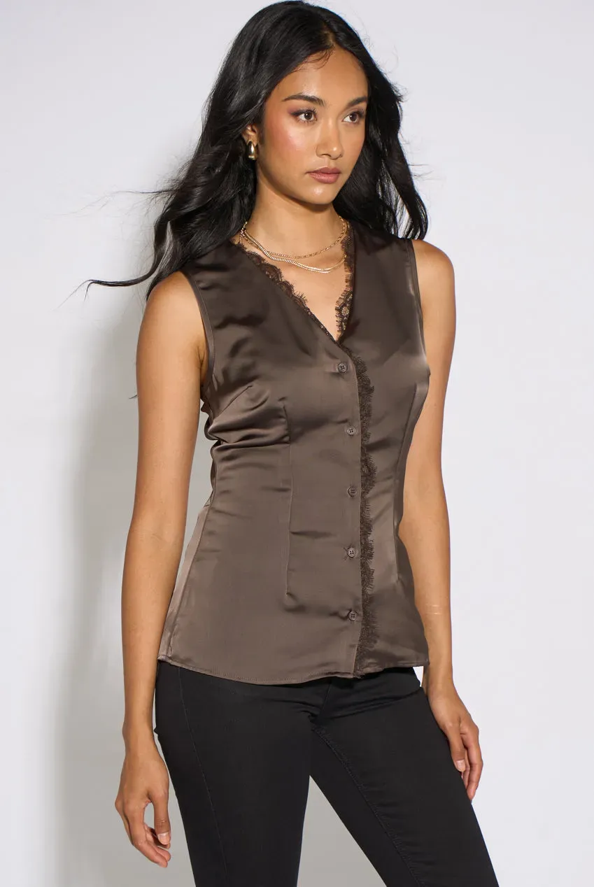 Gini London Brown Satin top gilet smanicato marrone