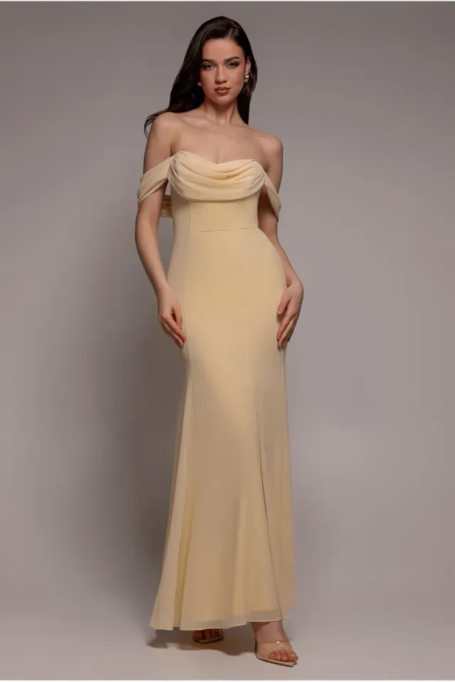 Goddiva Chiffon Bardot Cowl abito maxi giallo burro scollo bardot