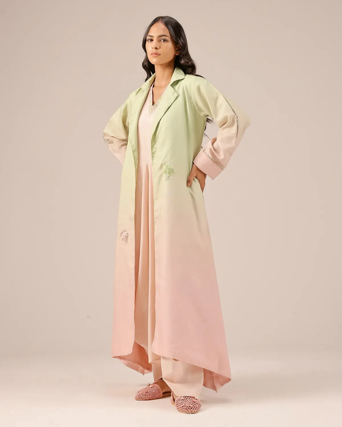 Our Dve Ocean Dusk set abito giacca verde rosa lino