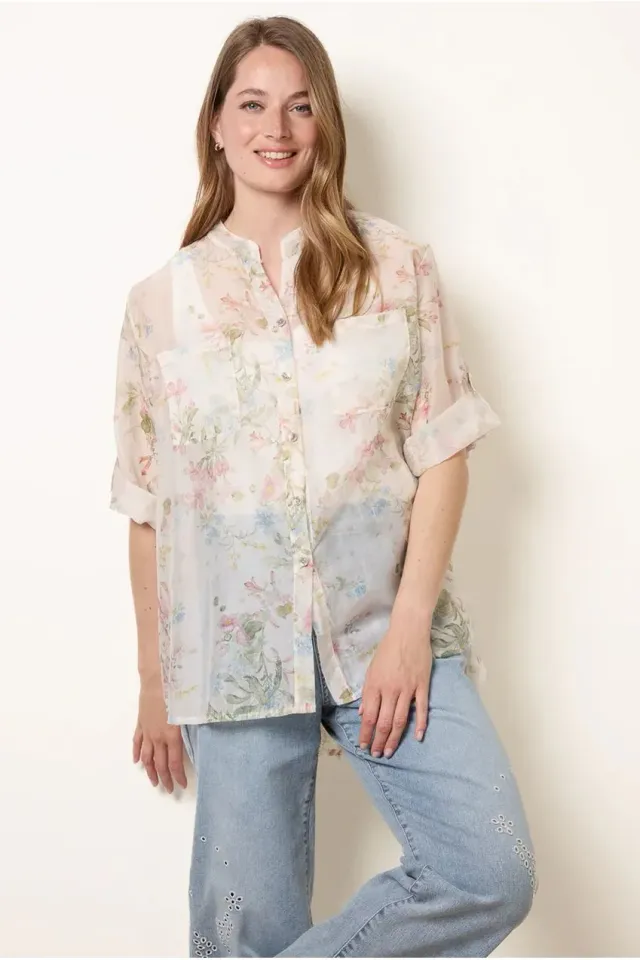 Blue Vanilla Sheer Floral camicia bianca floreale taglia unica