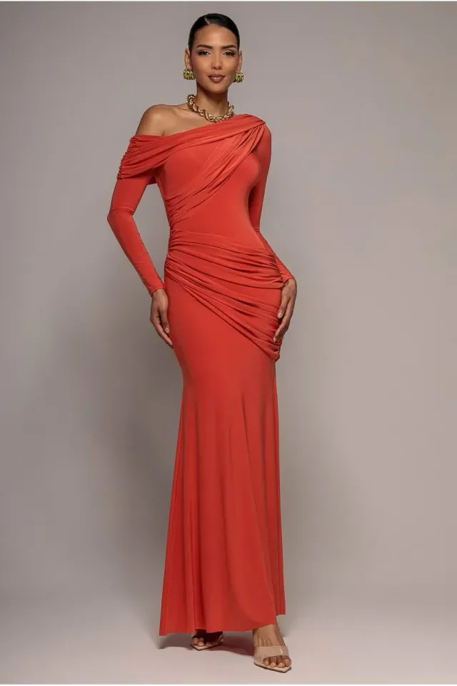 Goddiva Off Shoulder abito maxi arancione bruciato drappeggiato