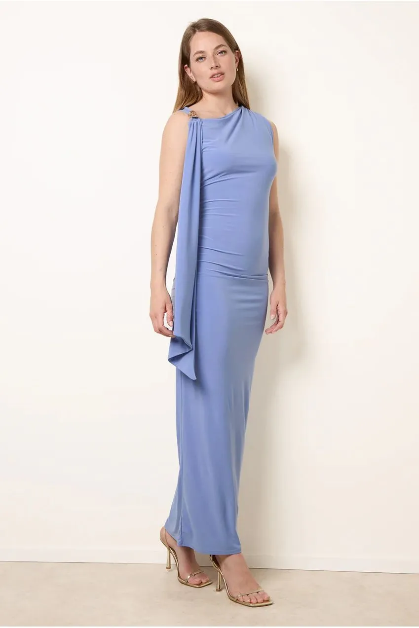 Blue Vanilla Drape Brooch Abito Maxi Azzurro Drappeggio