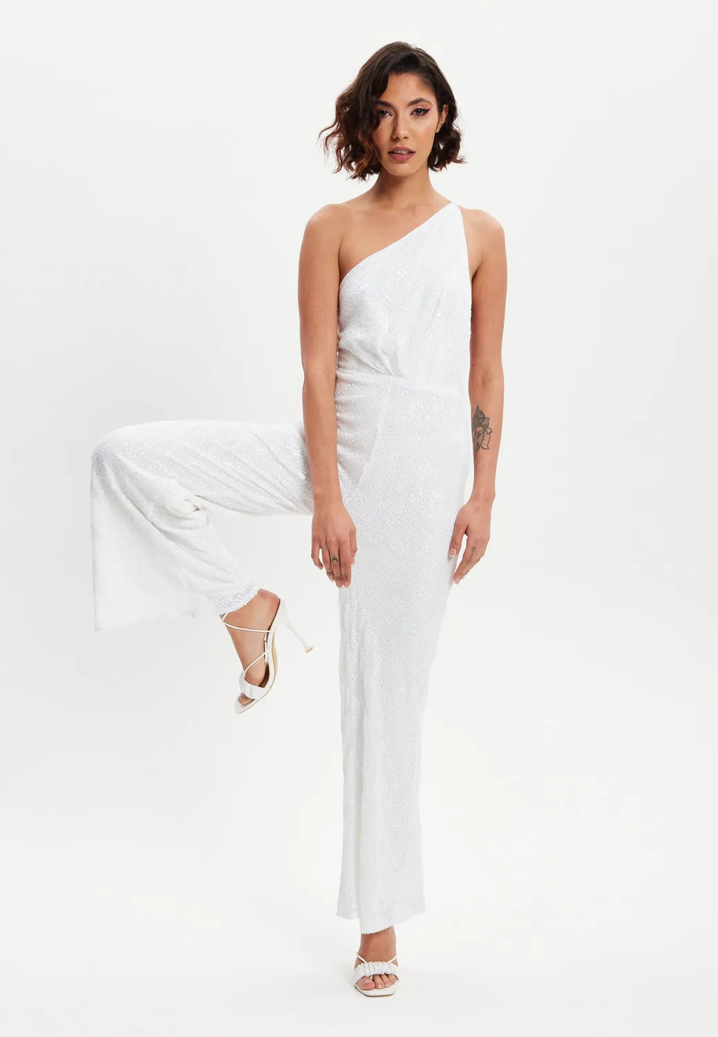 Liquorish One Shoulder Backless tuta bianca paillettes monospalla