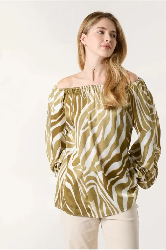 Blue Vanilla Zebra Satin Ruched Bardot blusa kaki zebrata