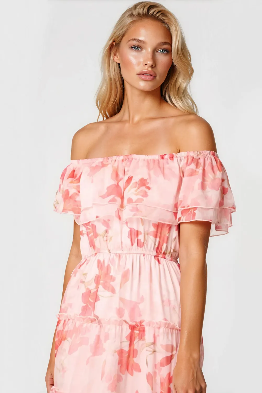 Aftershock Bardot abito maxi rosa floreale balze