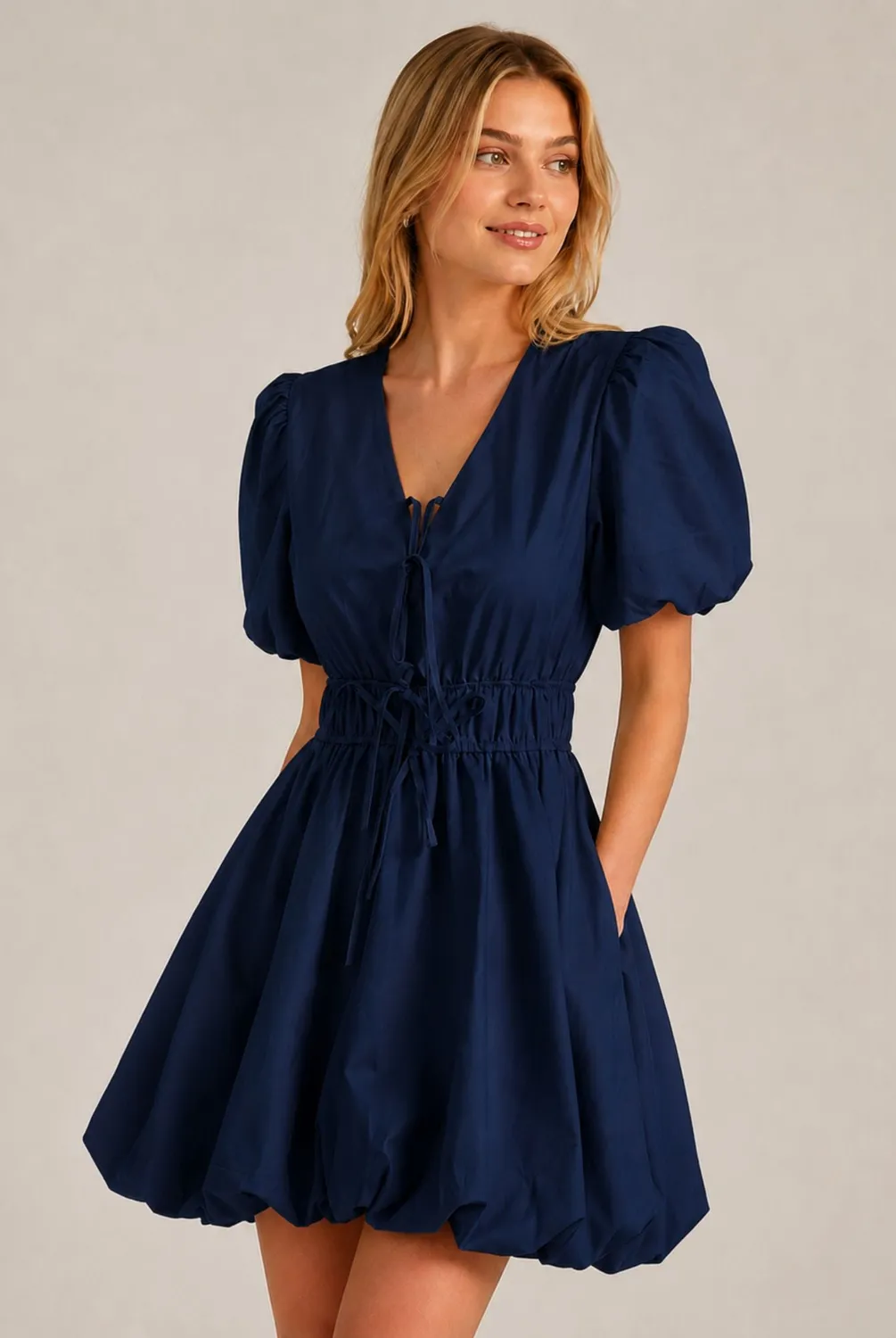 Avinci Puff Sleeve Tie Front abito mini blu navy ”, “vestibilità elasticizzata