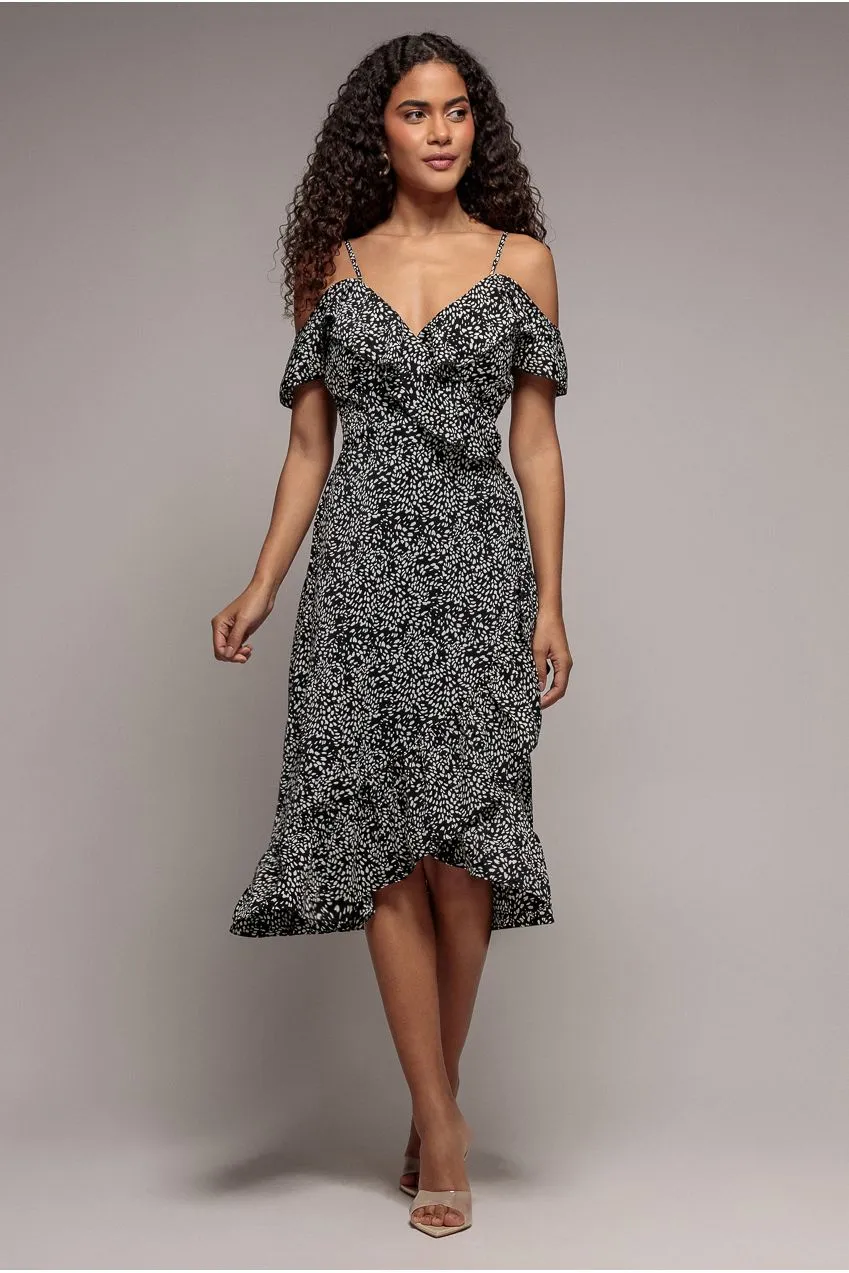 Goddiva Spaghetti Strap Polka Dot Wrap abito midi pois