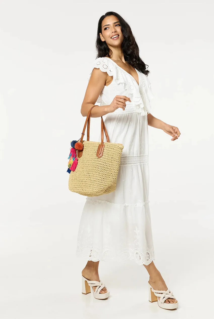 Liquorish Borsa Mare Tote Naturale con Pom Pom e Nappine