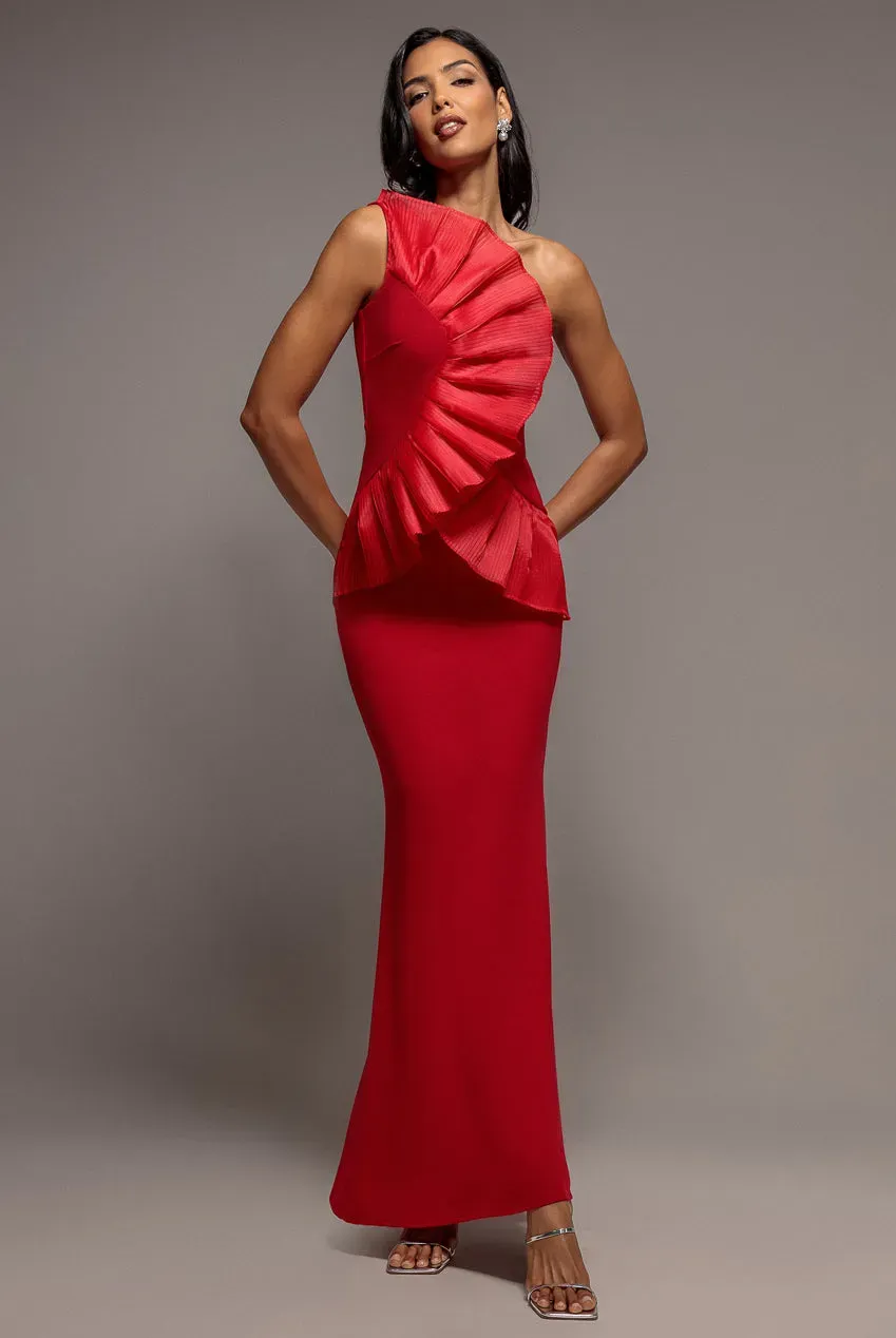 Goddiva DR4872 One Shoulder abito maxi rosso plissettato