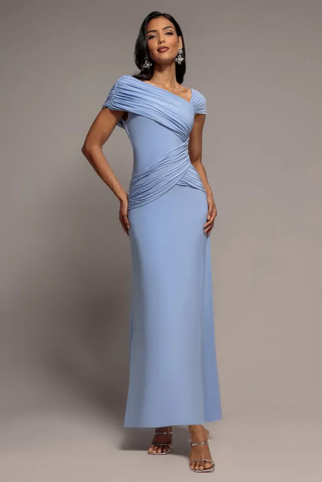 Goddiva abito lungo blu scollo asimmetrico vita arricciata