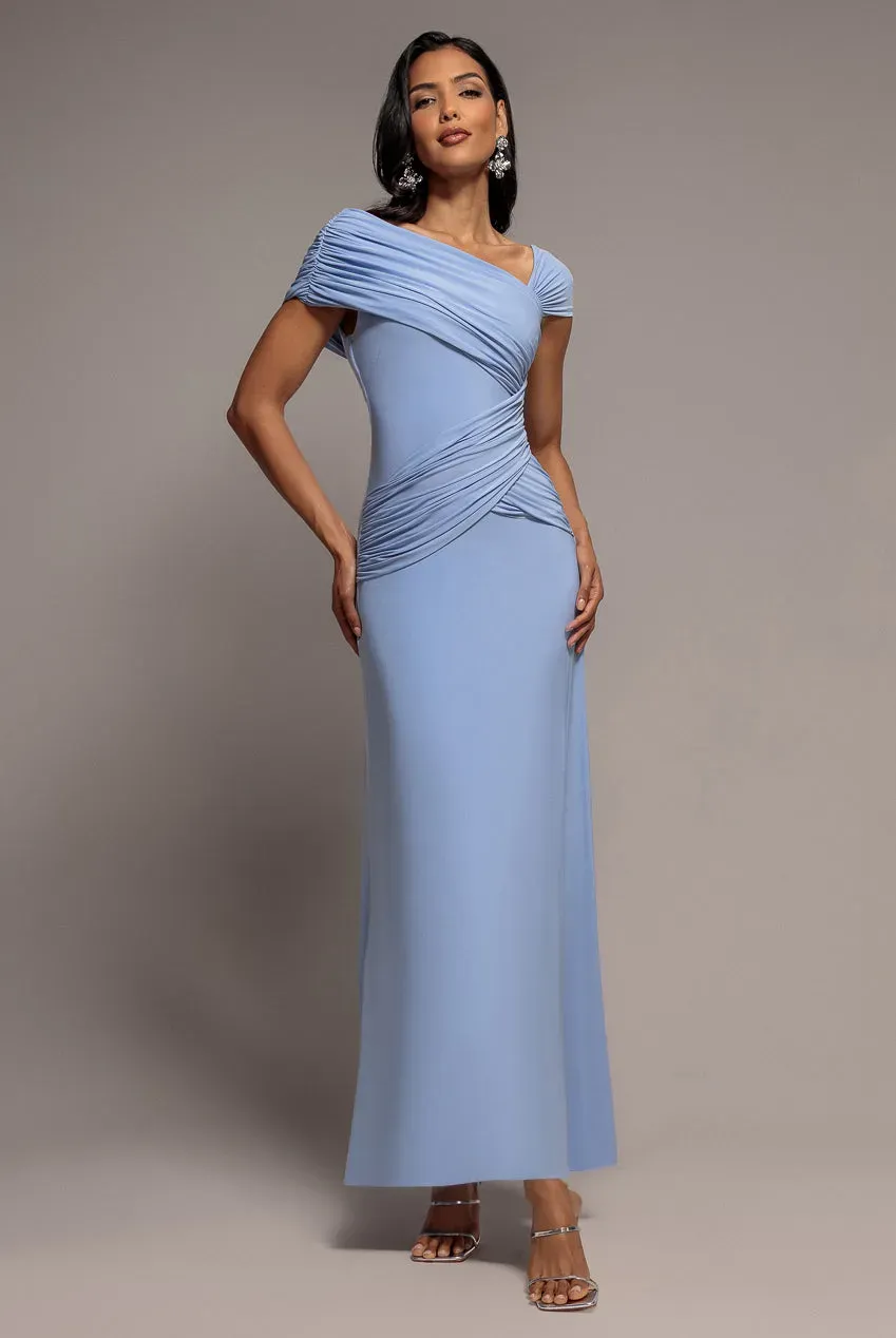 Goddiva abito lungo blu scollo asimmetrico vita arricciata