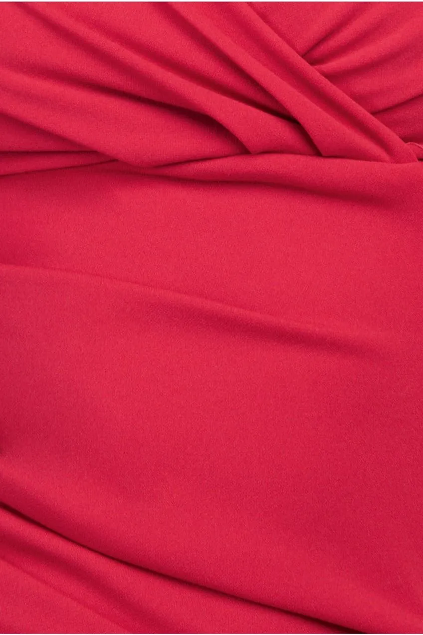 Goddiva Front Wrap Pleated Scuba abito maxi rosso incrociato