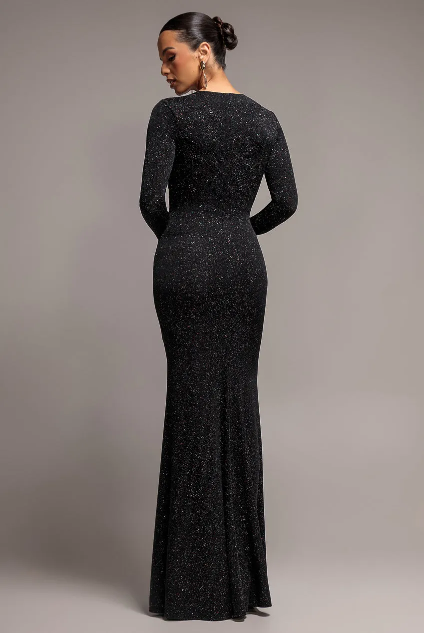 Goddiva Plunge Neck abito maxi lurex nero scollo profondo