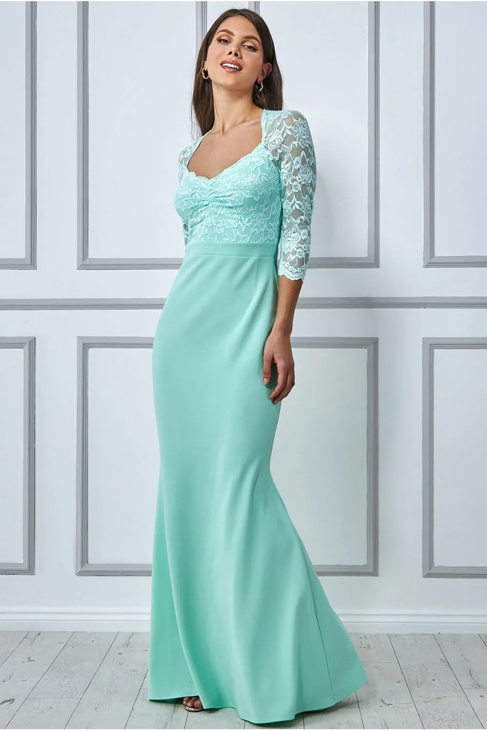 Goddiva Lace Bodice abito maxi menta pizzo maniche