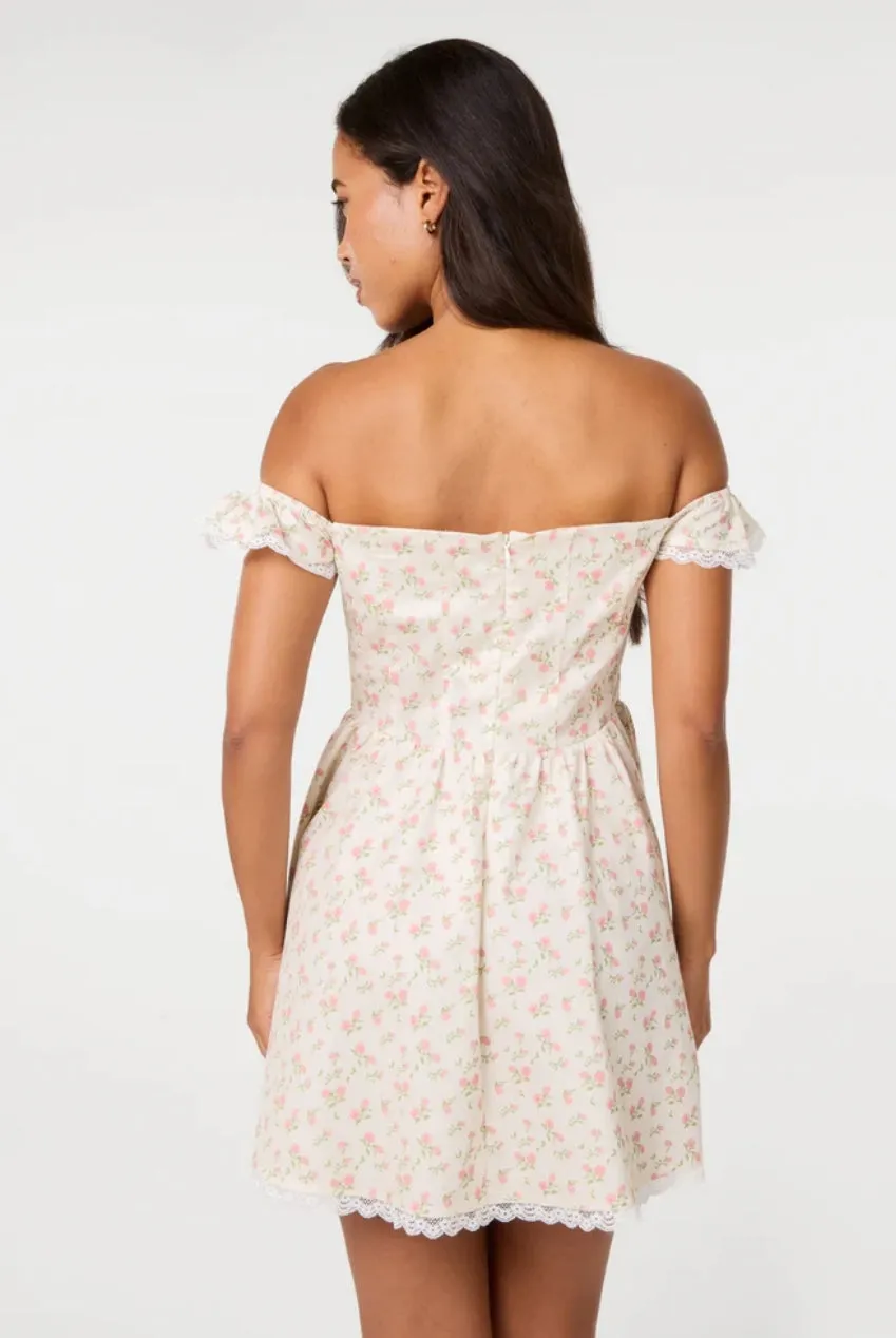 Pink Vanilla Ditsy abito mini crema spalle scoperte