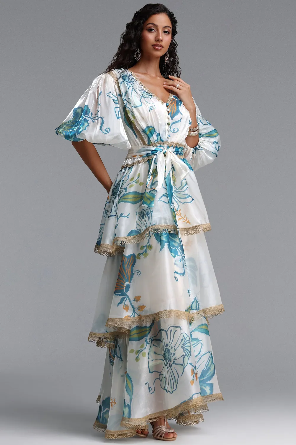 Bella Barnett Lisbon Abito Maxi Organza Floreale Sbuffo
