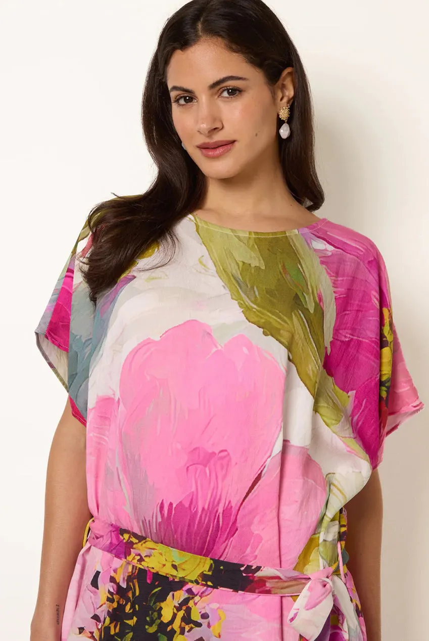 Blue Vanilla Abito Midi Rosa Tie Waist Maniche Corte Unica