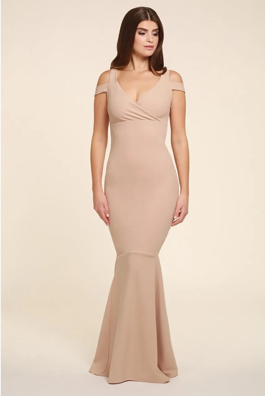 Honor Gold Evie abito maxi beige sirena scollo cuore