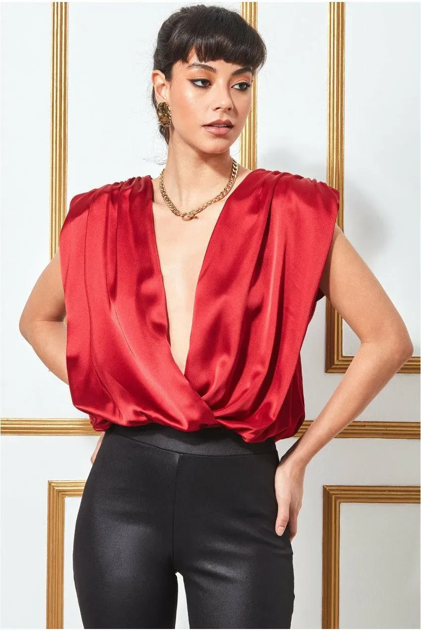 Goddiva Satin Wrap top rosso raso scollo a V