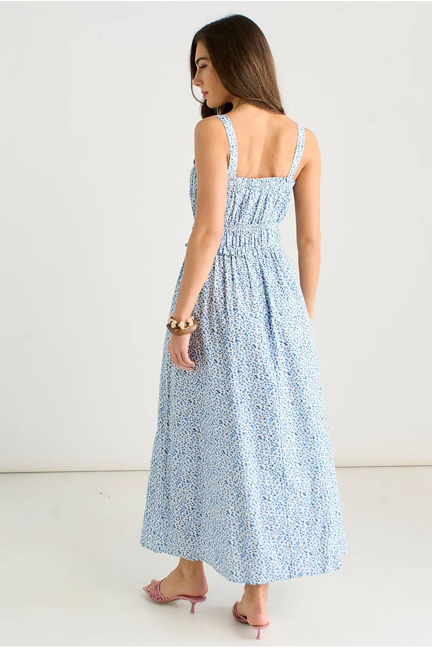 Gini London Ditsy Floral midi abito azzurro fiori smock