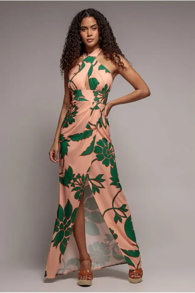Goddiva Crossover abito maxi verde stampa floreale
