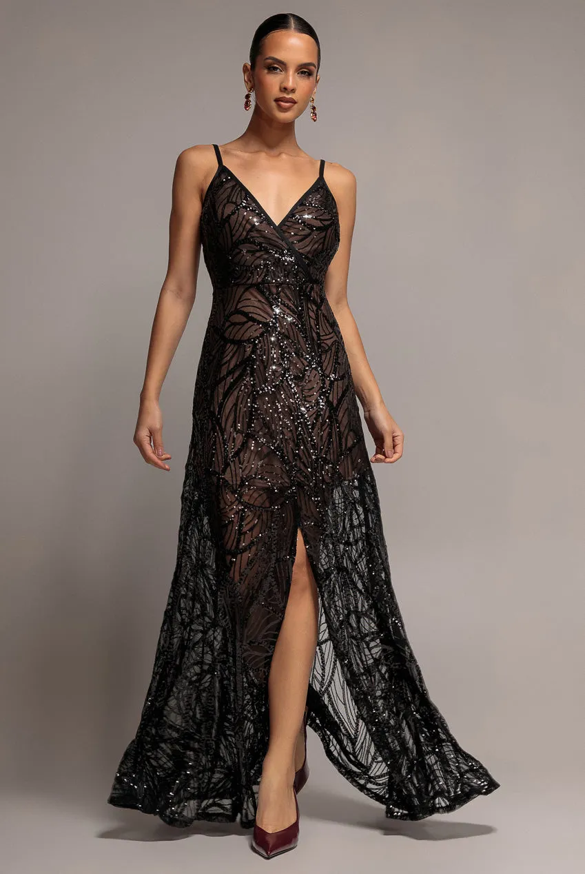 Goddiva paillettes iridescenti abito maxi nero spacco