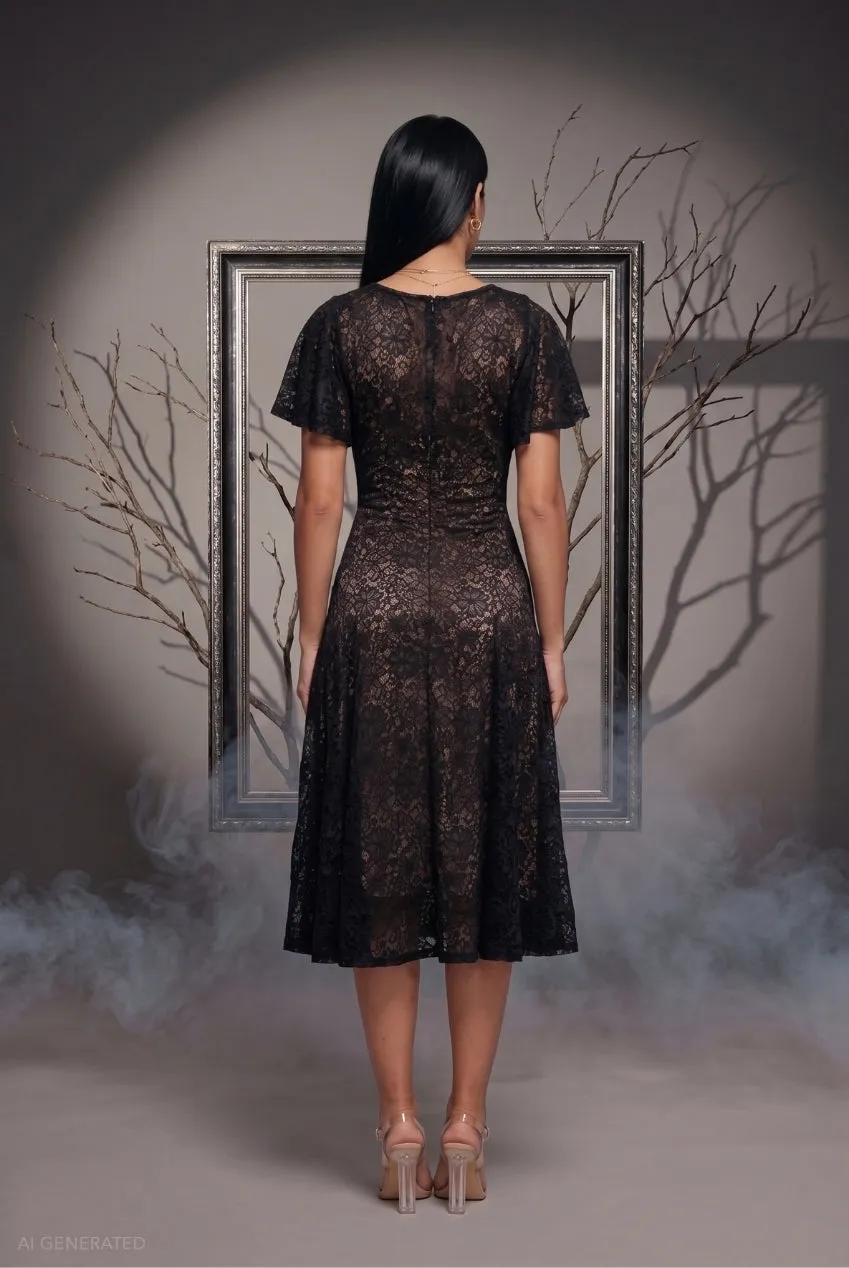 Goddiva Wednesday Addams Abito midi nero in pizzo