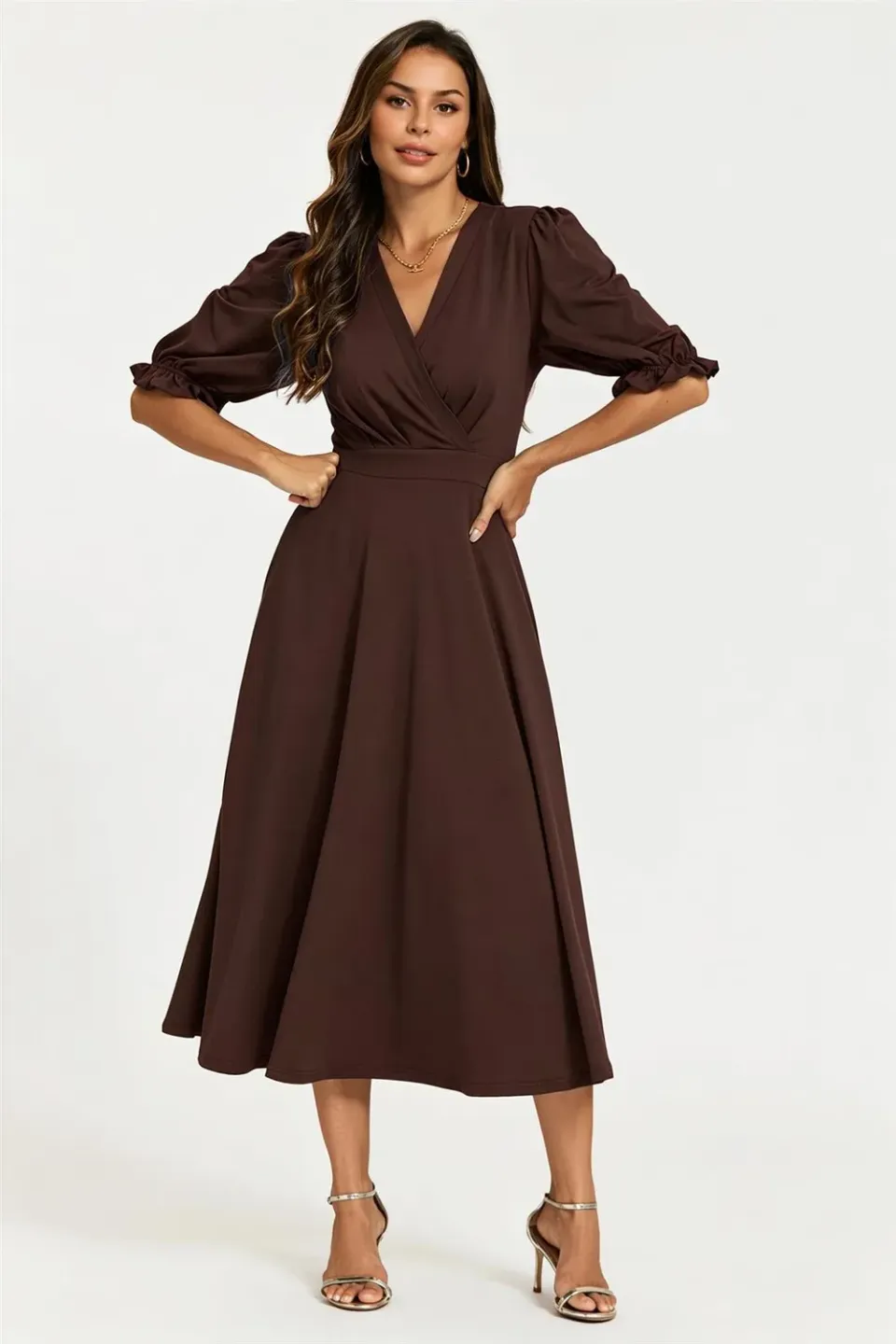 Goddiva FS Collection Abito Midi Jersey Cioccolato elasticizzato