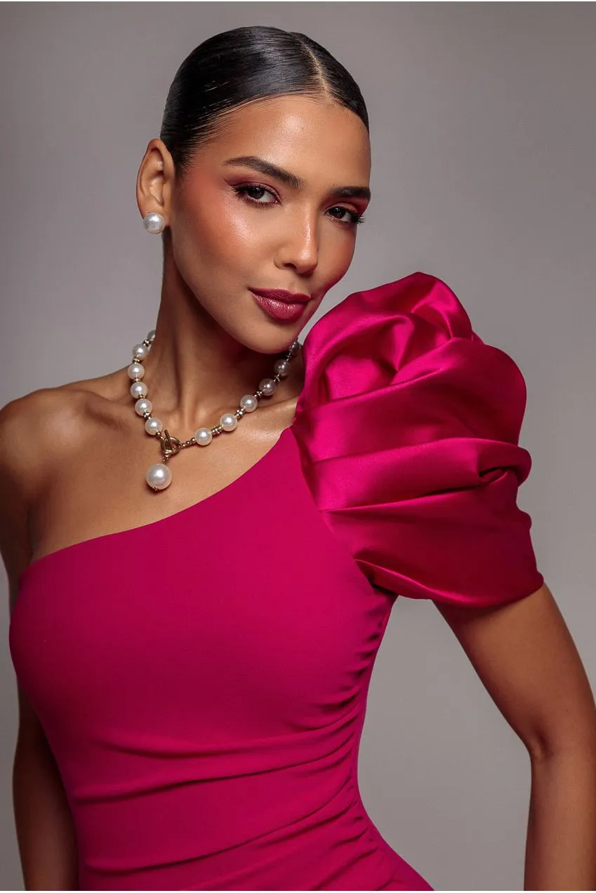 Goddiva abito sera magenta monospalla raso lungo