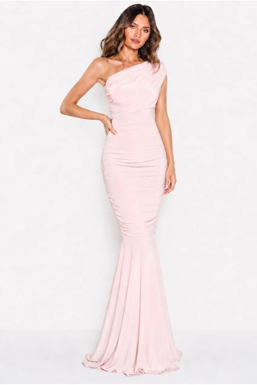Honor Gold Alice abito maxi monospalla rosa blush aderente