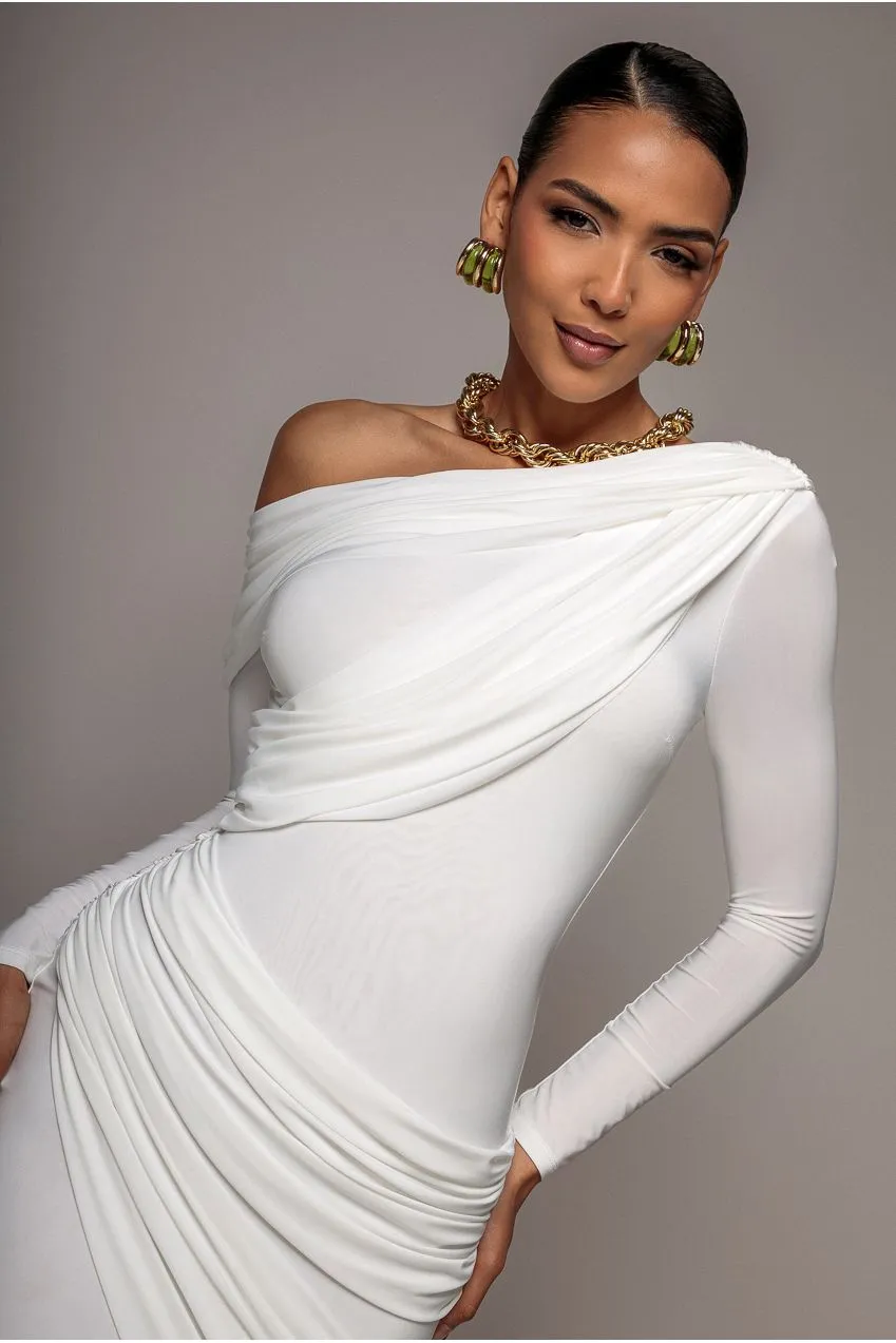 Goddiva Soft Touch abito maxi bianco spalle scoperte