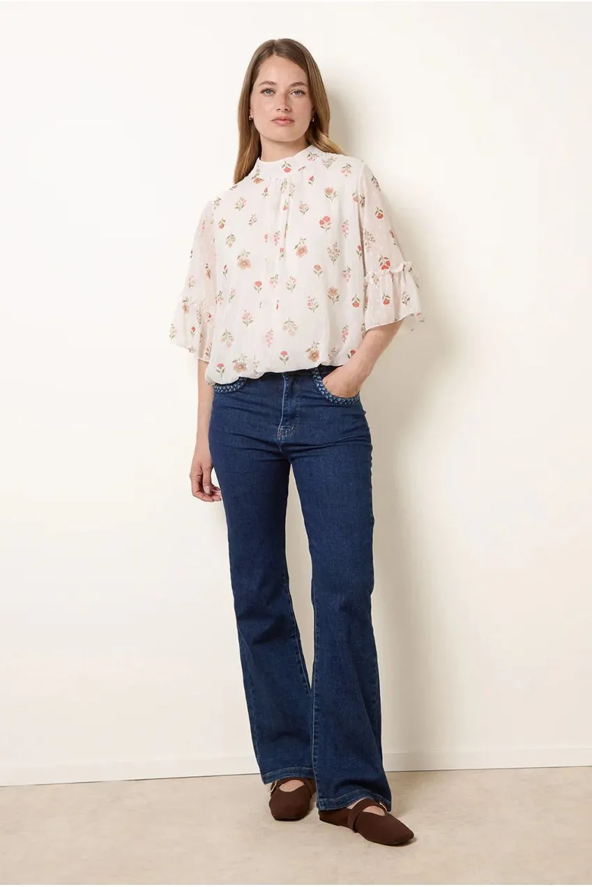 Blue Vanilla High Neck Frill camicetta crema S/M floreale