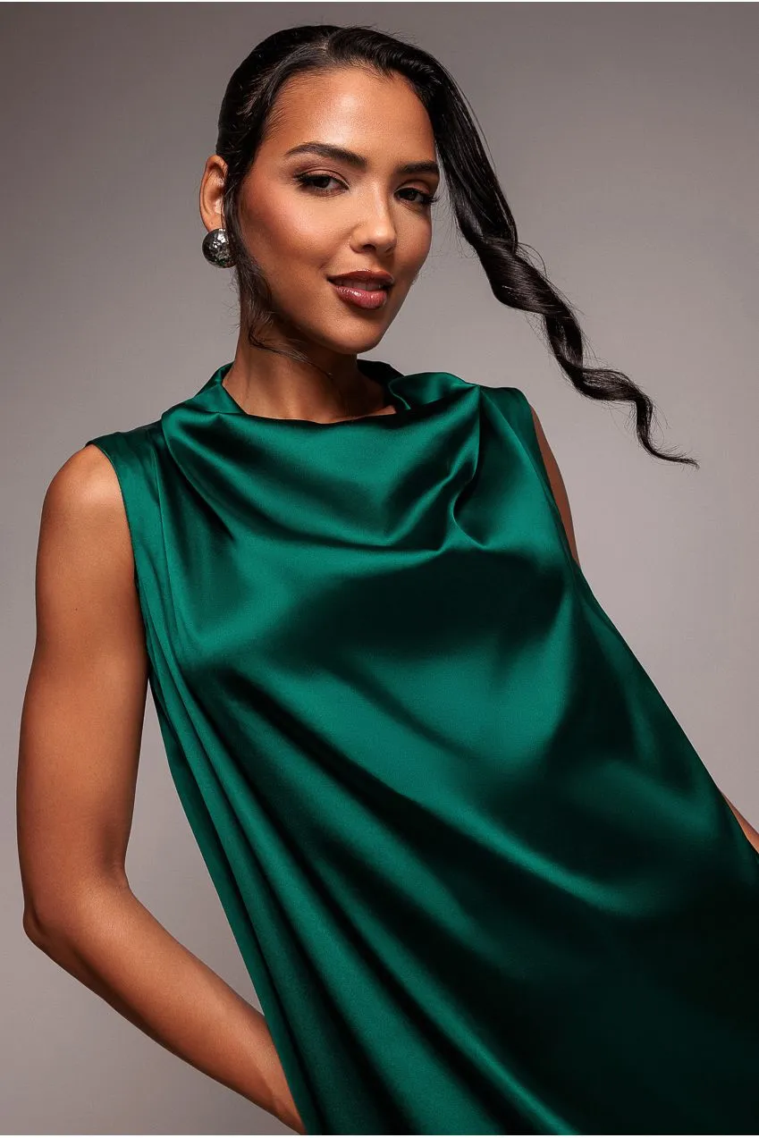 Goddiva abito midi verde smeraldo raso scollo drappeggiato