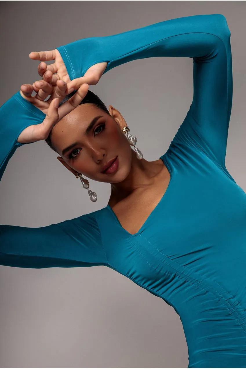 Goddiva Asymmetrical Abito Midi Teal Arricciato