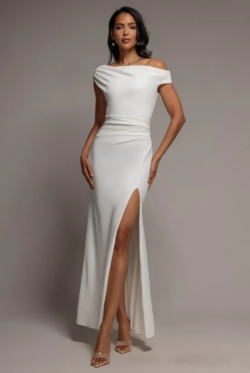 Goddiva One Shoulder abito maxi bianco scuba spacco